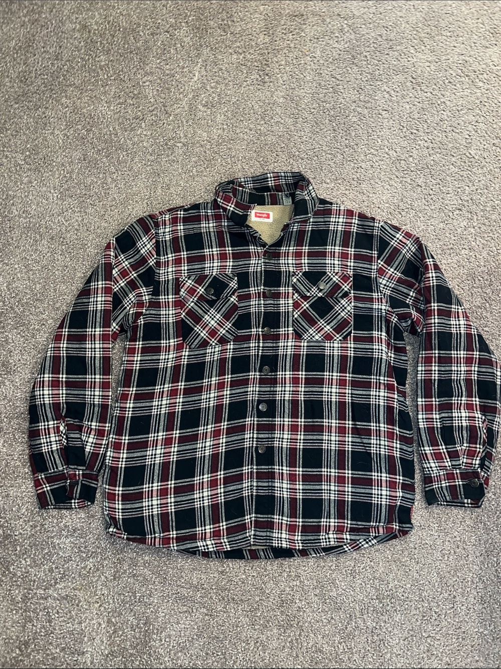 Wrangler Black and Red Plaid Fleece Lined Flannel Button-Up Shirt